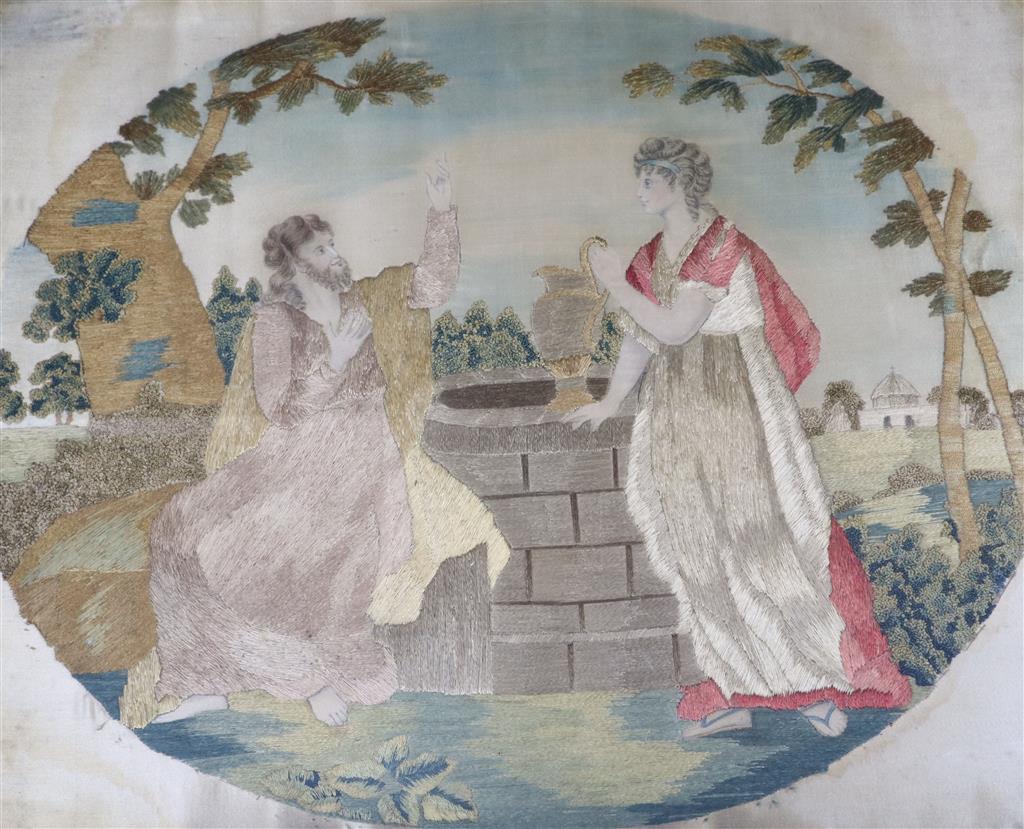 A Regency silkwork panel At the well